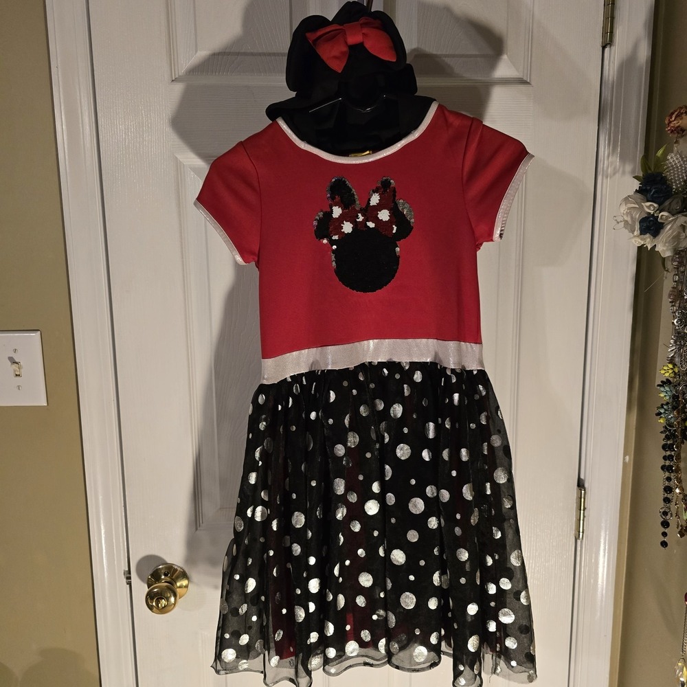 Disney Minnie Mouse Girls L (10-12) Red Black Silver Sequin Tutu Dress With Hood
